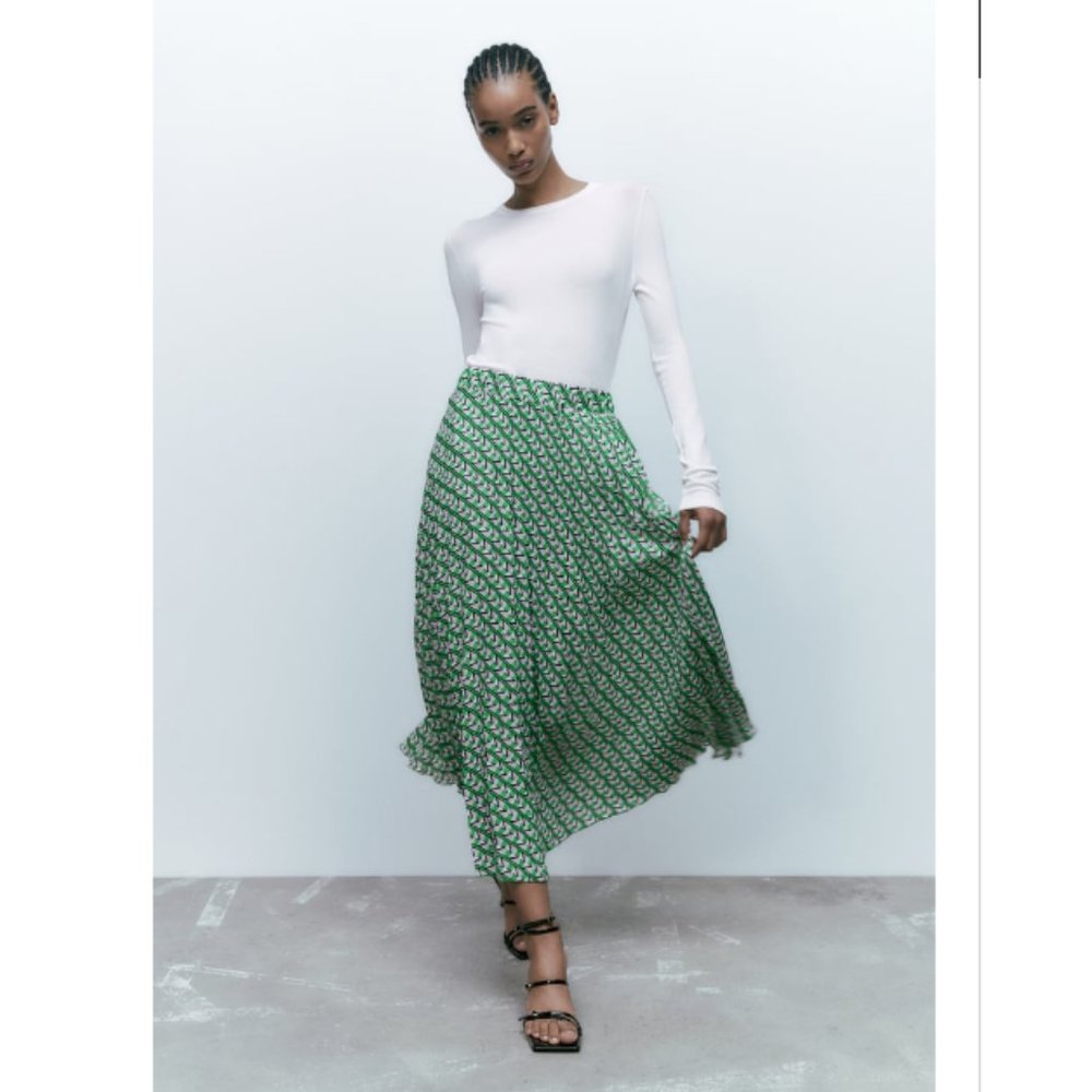 ZARA Green Patterned Elastic Waist Maxi Skirt